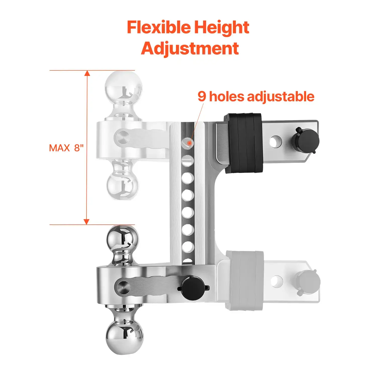Adjustable Trailer Hitch—8-inch drop, triple-ball mount compatible with 2.5-inch receivers