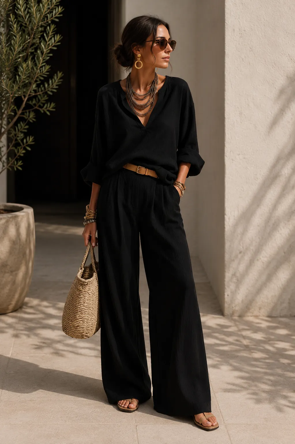 Relaxed V-Neck Blouse & Wide Leg Pants Set