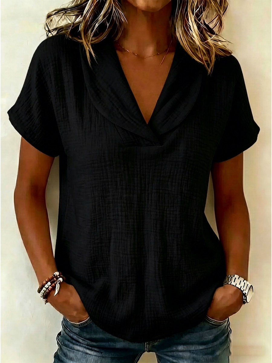 Shawl Collar V-Neck Linen Blend Blouse