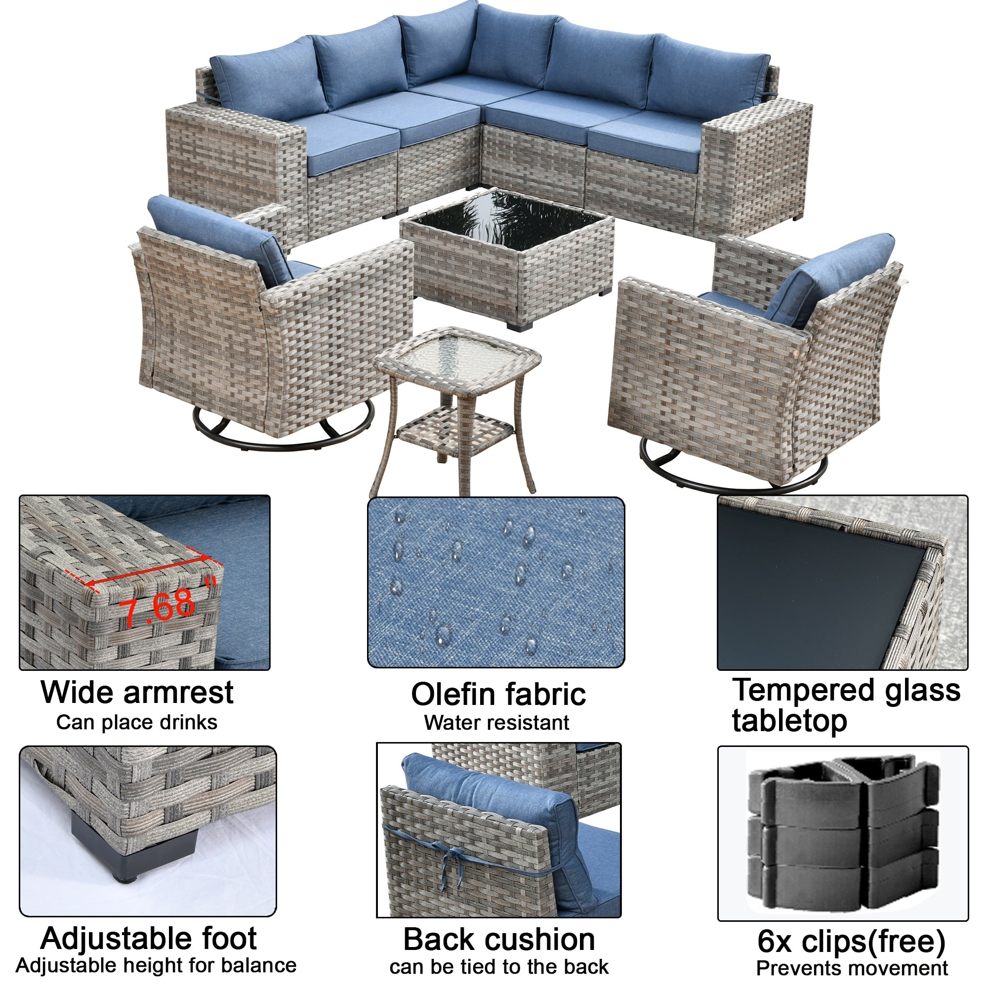 OVIOS 9-piece Patio Wicker Swivel Rocking Chair Set with Glass-Top Tables