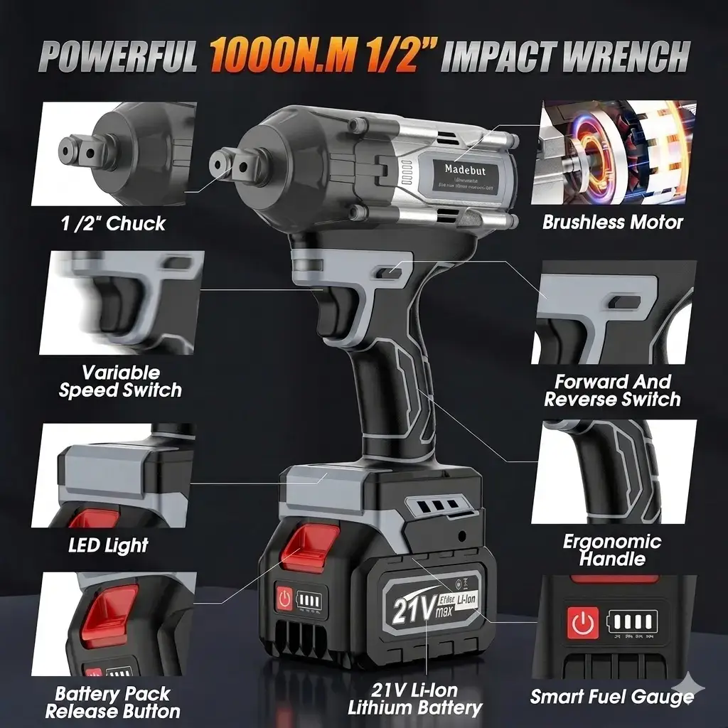 1000N.m Cordless Impact Wrench - High Torque Electric Gun