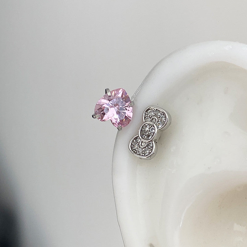 Rhinestone Bow Heart Hello Kitty Helix Earrings