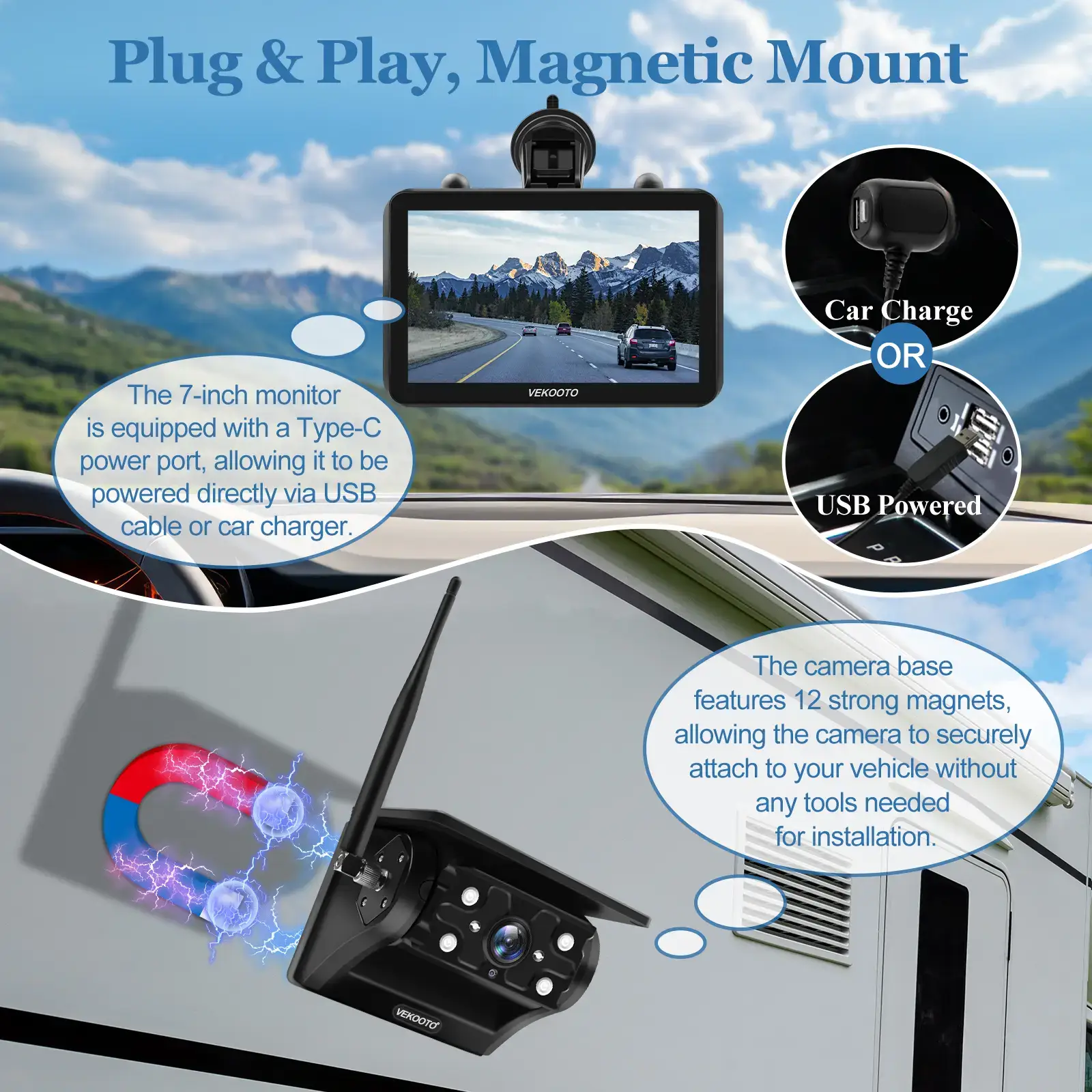 7'' IPS Touchscreen Solar Wireless Backup Camera Kit, HD1080P Magnetic Rechargeable Rear View Camera, No Wiring IP69 Waterproof IR Night Vision Monitor for RV Truck Trailer Camper Car Blind Spot