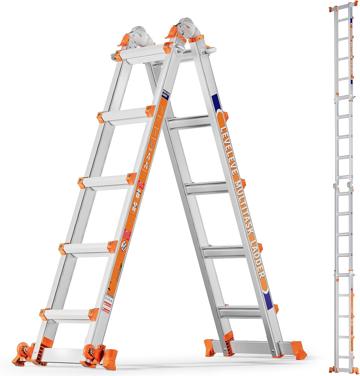 Extendable Telescopic Multi-Position Ladder - Convertible Modes, A-Frame Step Ladder with Stabilizer Bars, Narrow Folded Width, 330LBS Load Capacity, Wheels, Safe for Home & Outdoor Roof Work, Extendable Telescopic Ladders