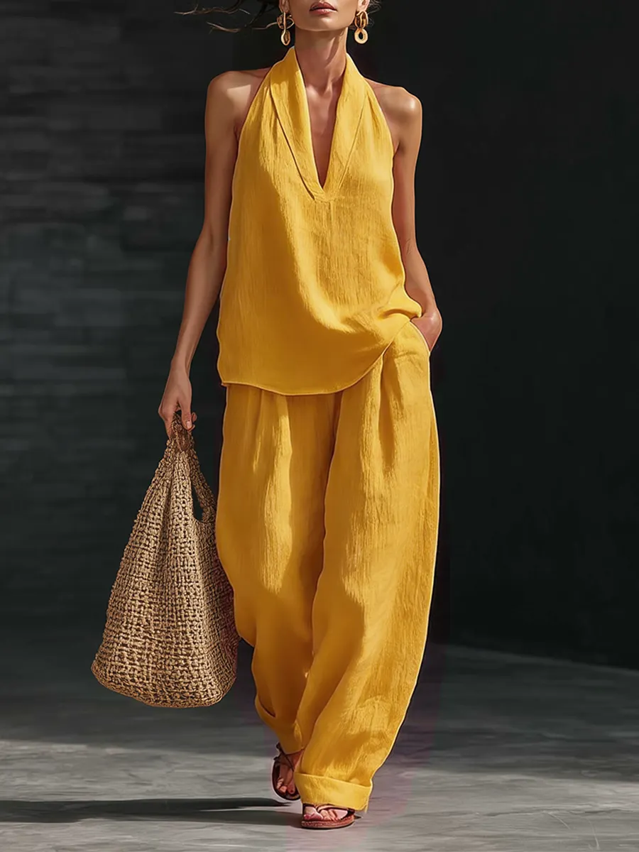 Casual Urban Style White Linen V-neck Sleeveless Top And Wide Leg Pants Set