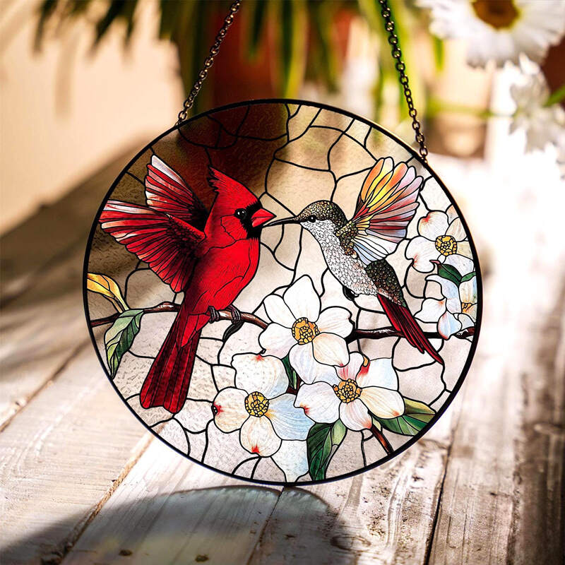 Cardinal&Hummingbird Stained Glass Suncatcher