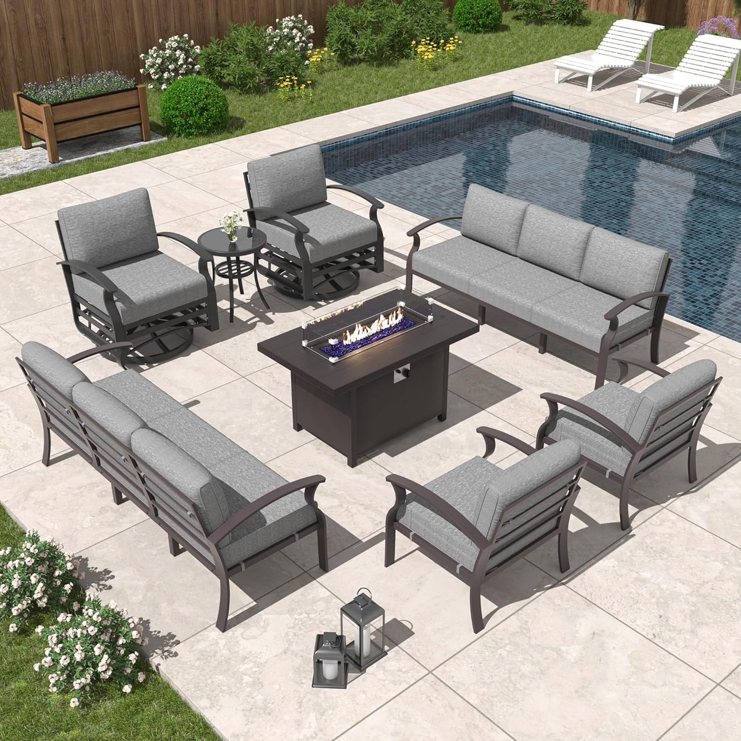 Kullavik Aluminum Outdoor Patio Furniture with Curved Armrests & Firepit Table
