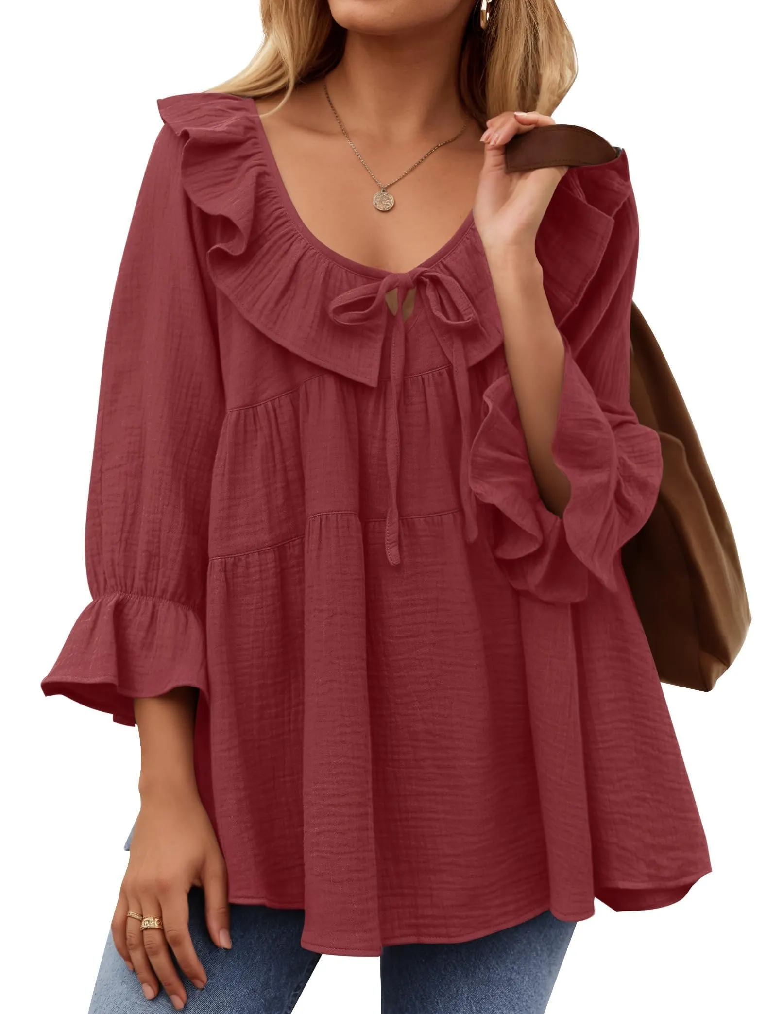 Women’s Scoop Neck 3/4 Length Sleeve Tie Front Ruffle Tiered Tunic Shirts