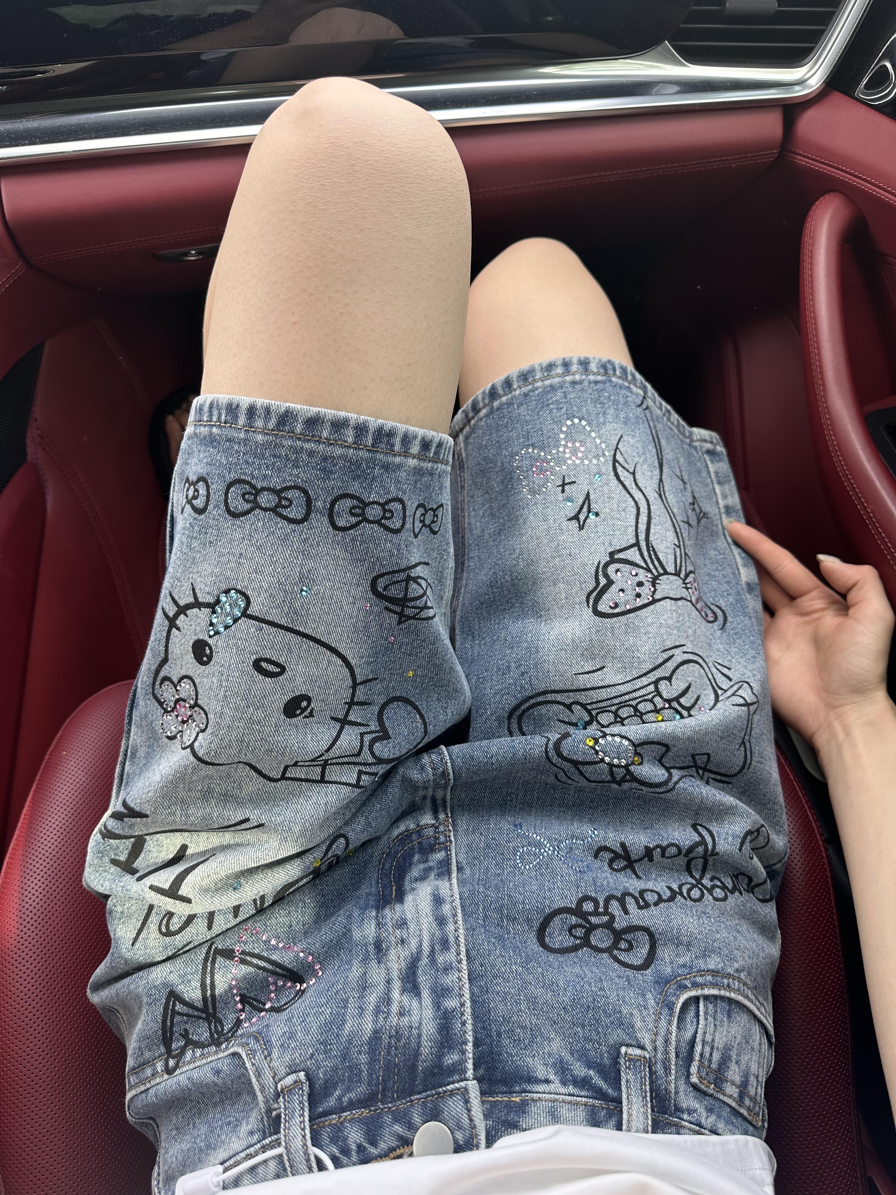 Hellokitty Denim Short Casual Jeans Pants with Pockets
