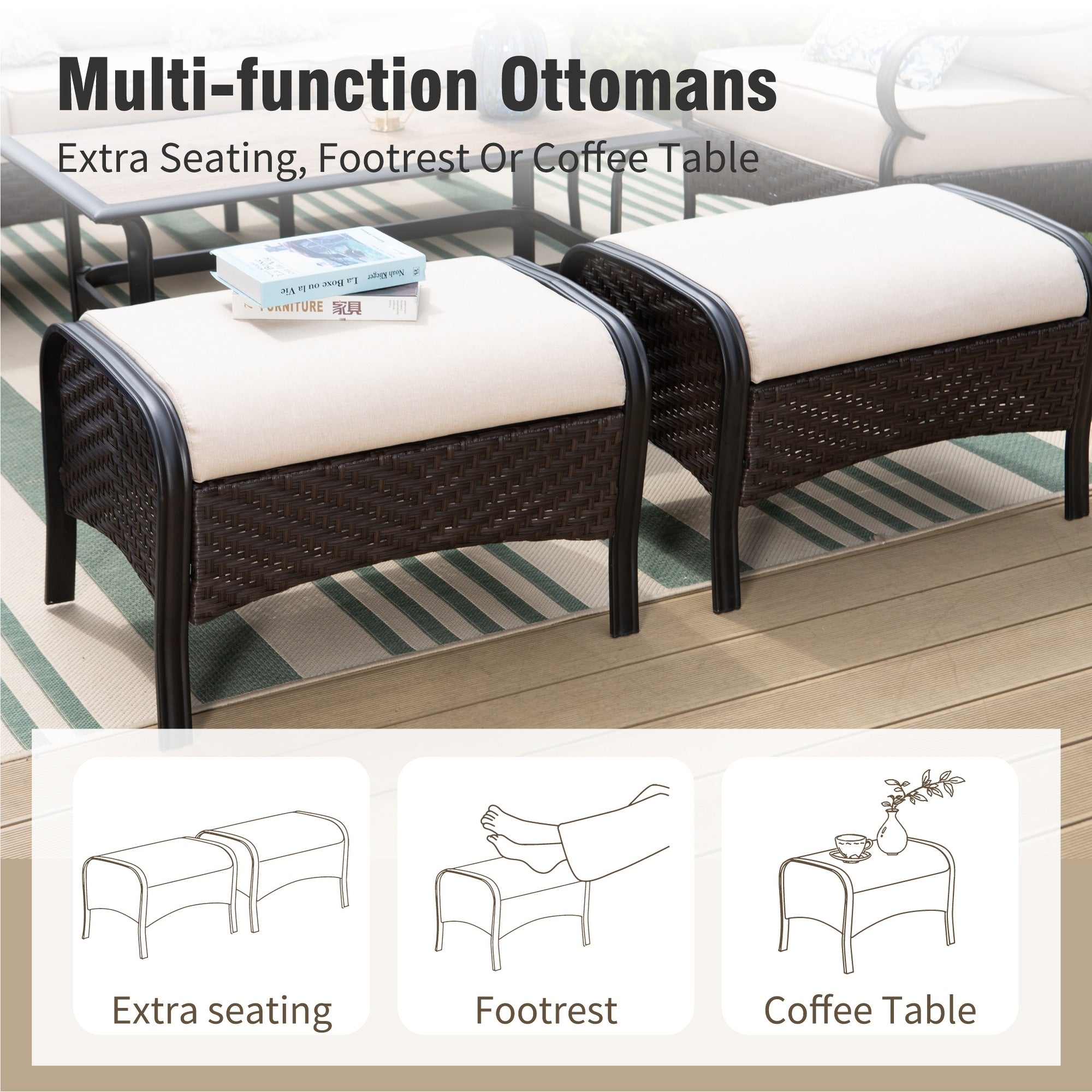 MAISON ARTS Oversized 6-Piece Outdoor Patio Set with Fire Pit - 3-Seater Sofa, 2-Seater Sofa, Swivel Chairs, Ottomans (Beige)