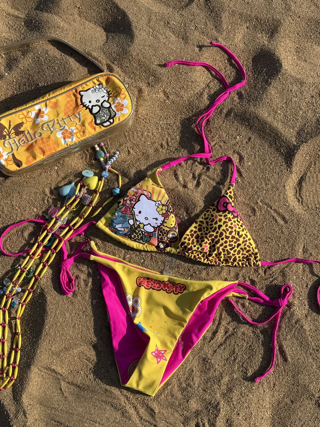 Hellokitty Yellow Leopard Print Halter Tie Side Triangle Bikini Set