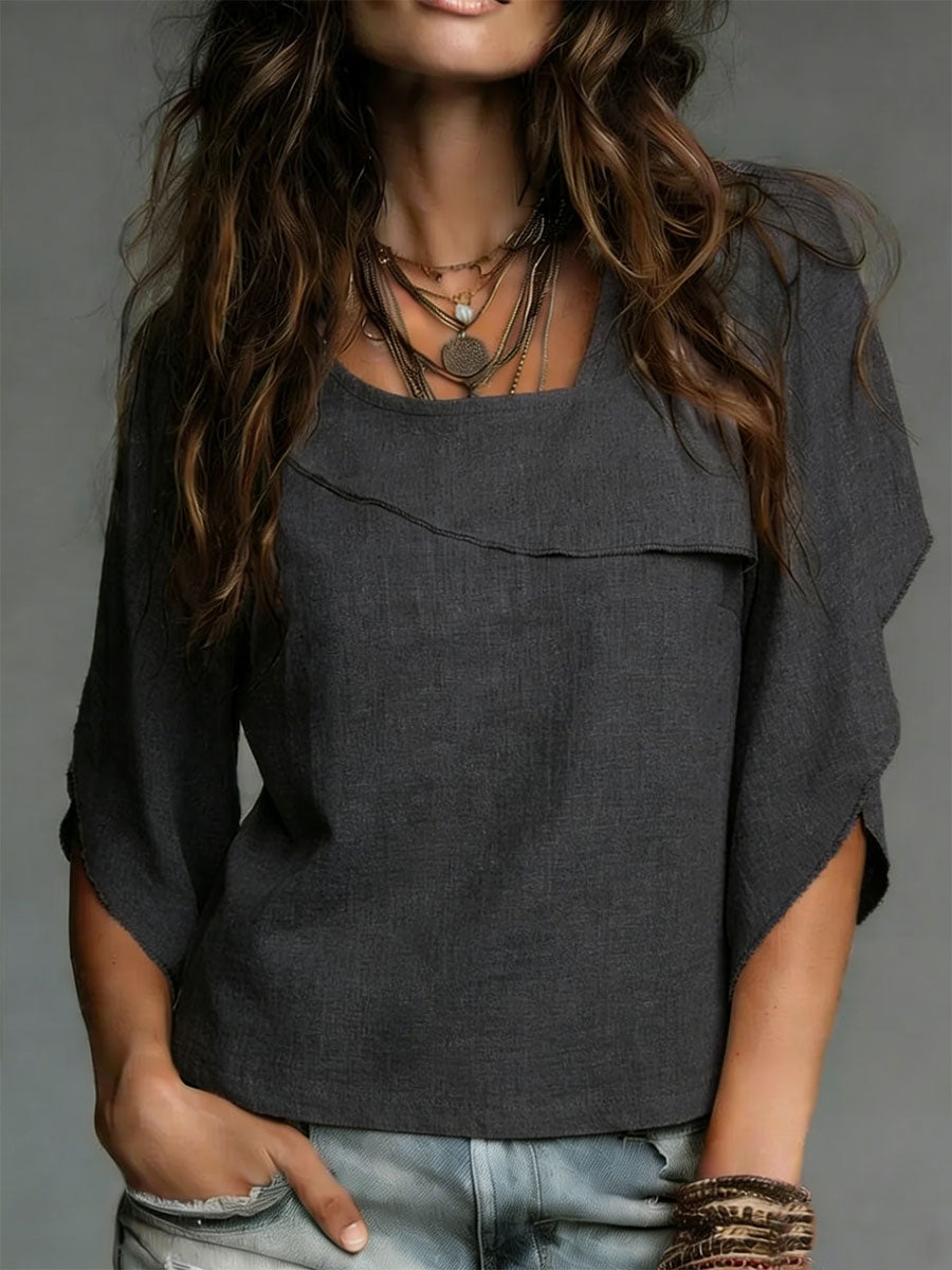 Layered Square Neck Linen Blend Blouse