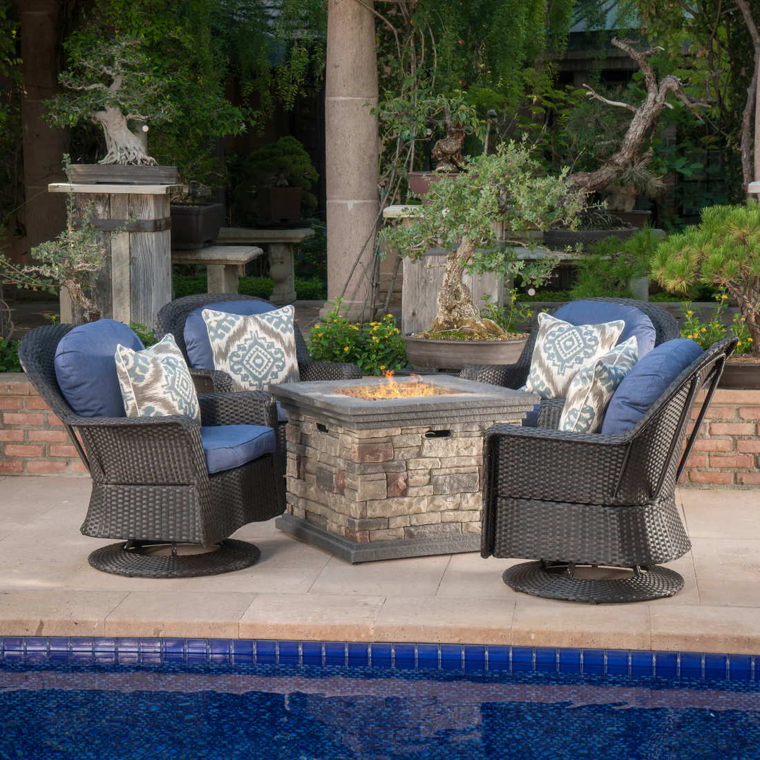 5pc Brown and Ceramic Gray Contemporary Outdoor 4 Seater Chat Set with Fire Pit