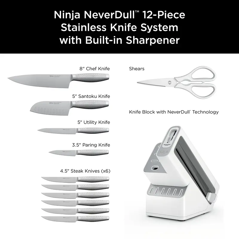 🔪 Special Offer — 12-Piece Stainless Steel Kitchen Knife Set with Built-In Sharpener & White Storage Block ✨