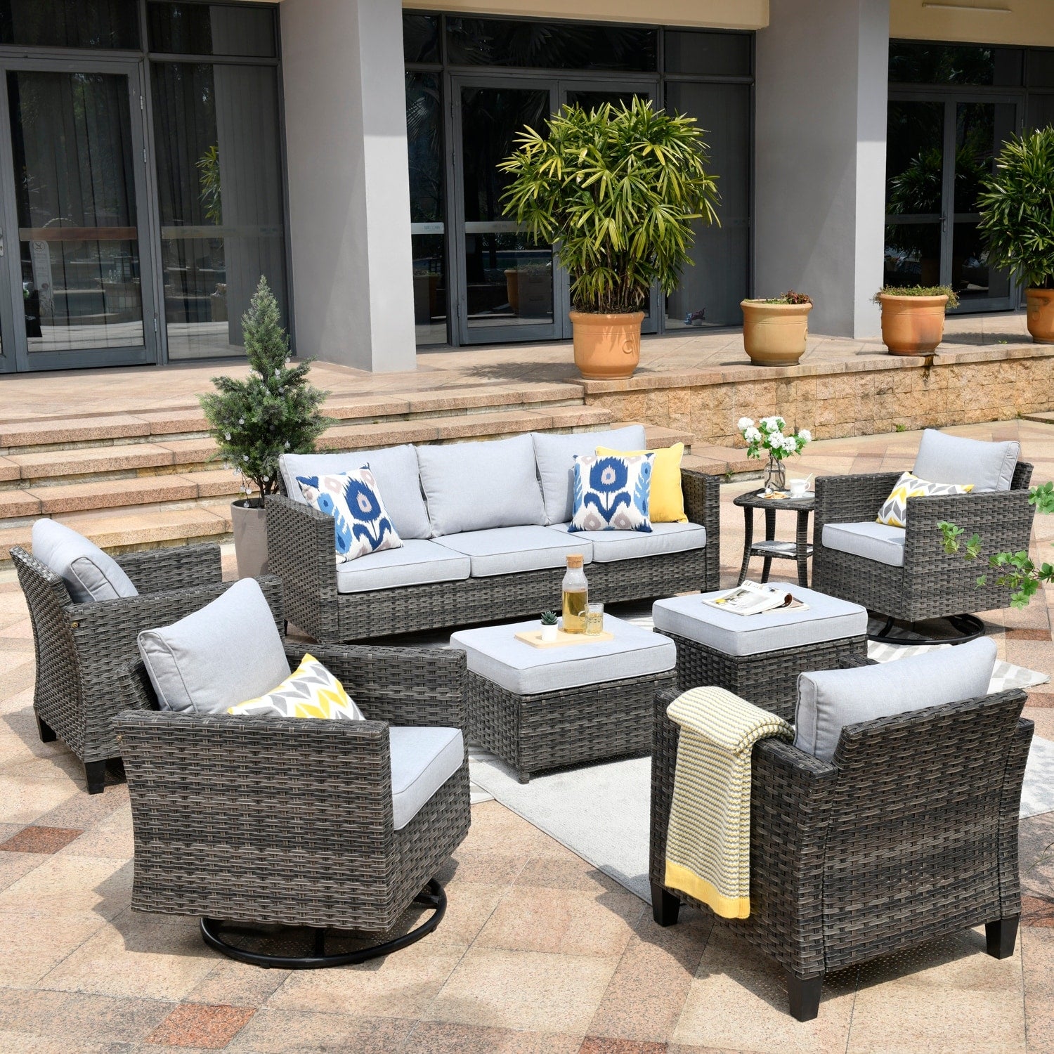 OVIOS 8-piece Patio Wicker Conversation Furniture Set with Swivel Chairs