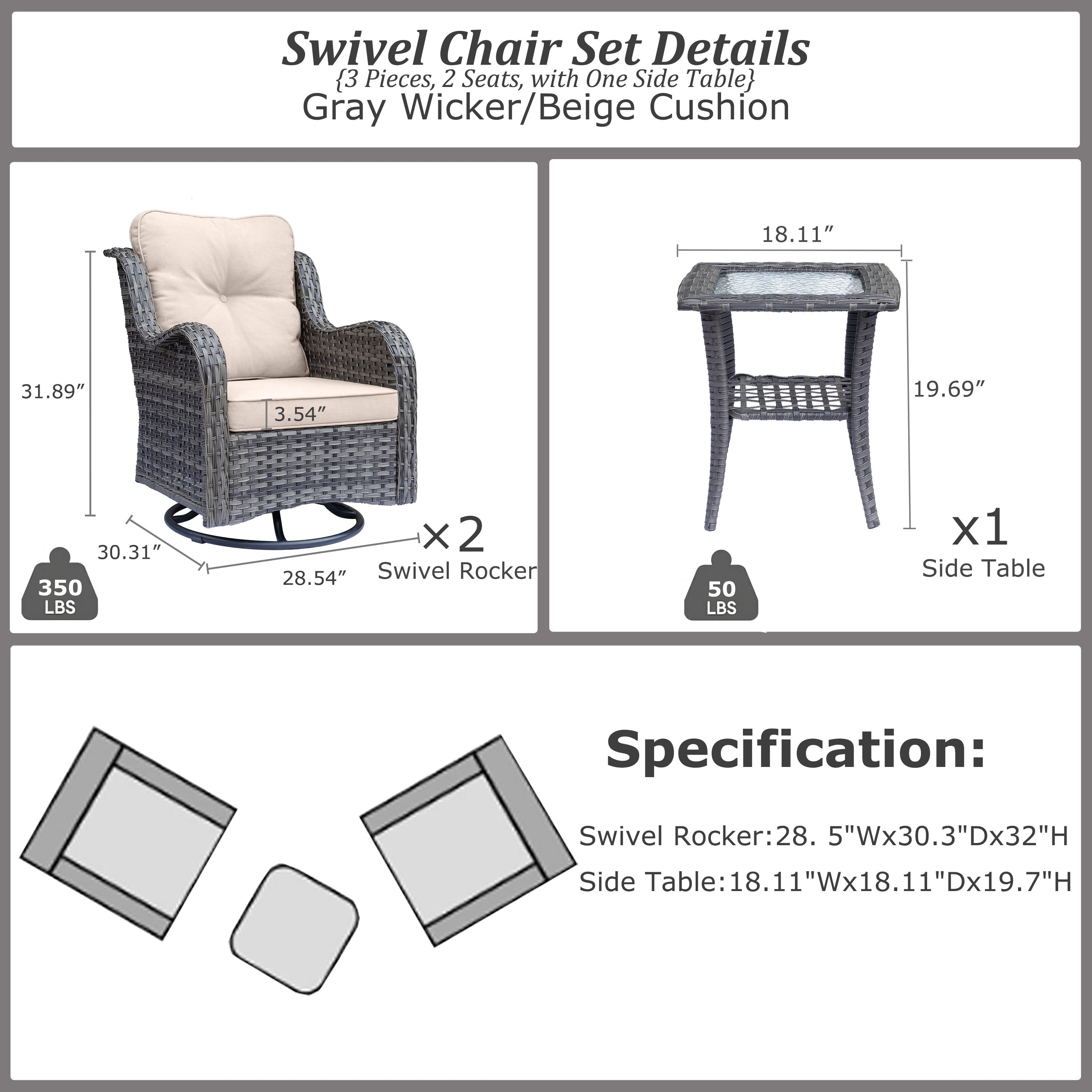 Outdoor Patio Furniture Set-Wicker Patio Conversation Swivel Chair Set
