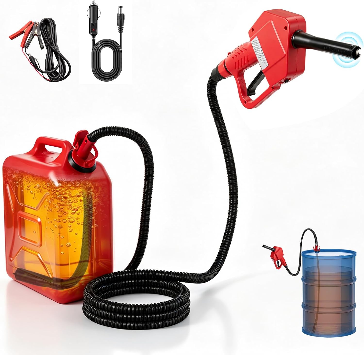 Portable Fuel Transfer Pump, Integrated Auto‑Stop & Hand Nozzle, 80'' Pump Lift, 3.8GPM,Slidable Clamp for Various Size and depth Gas Cans, Multi‑Power Supply, Works for Gasoline, Diesel, Kerosene