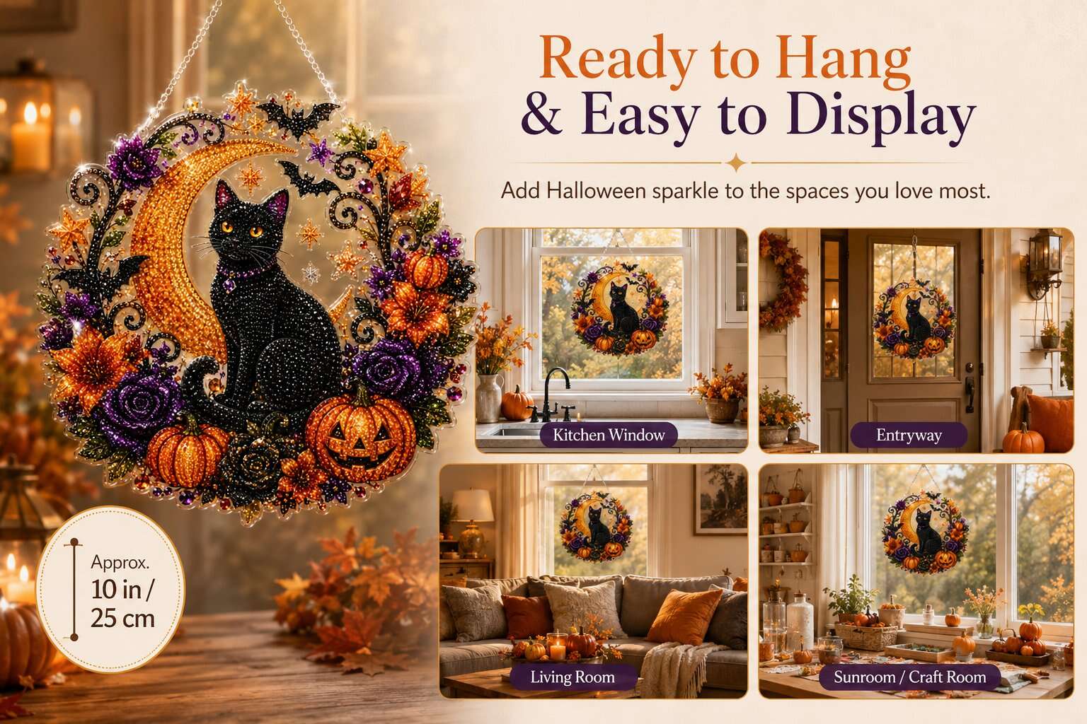 🎃Black Cat Moon Diamond Art Hanging Ornament Kit – Relaxing DIY Halloween Craft 🎃💎
