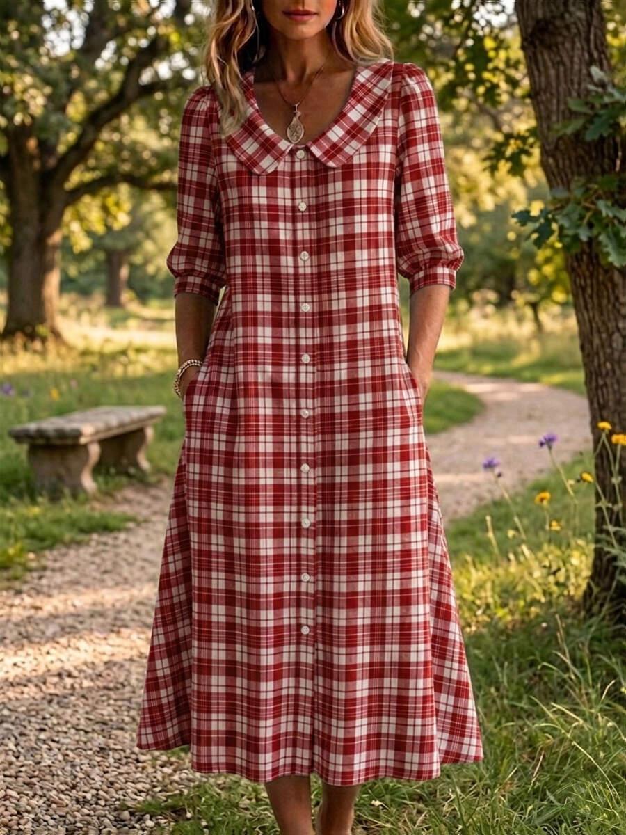 Clearance Sale🔥 Women's Retro Peter Pan Collar Stripe Print Cotton Linen Dress