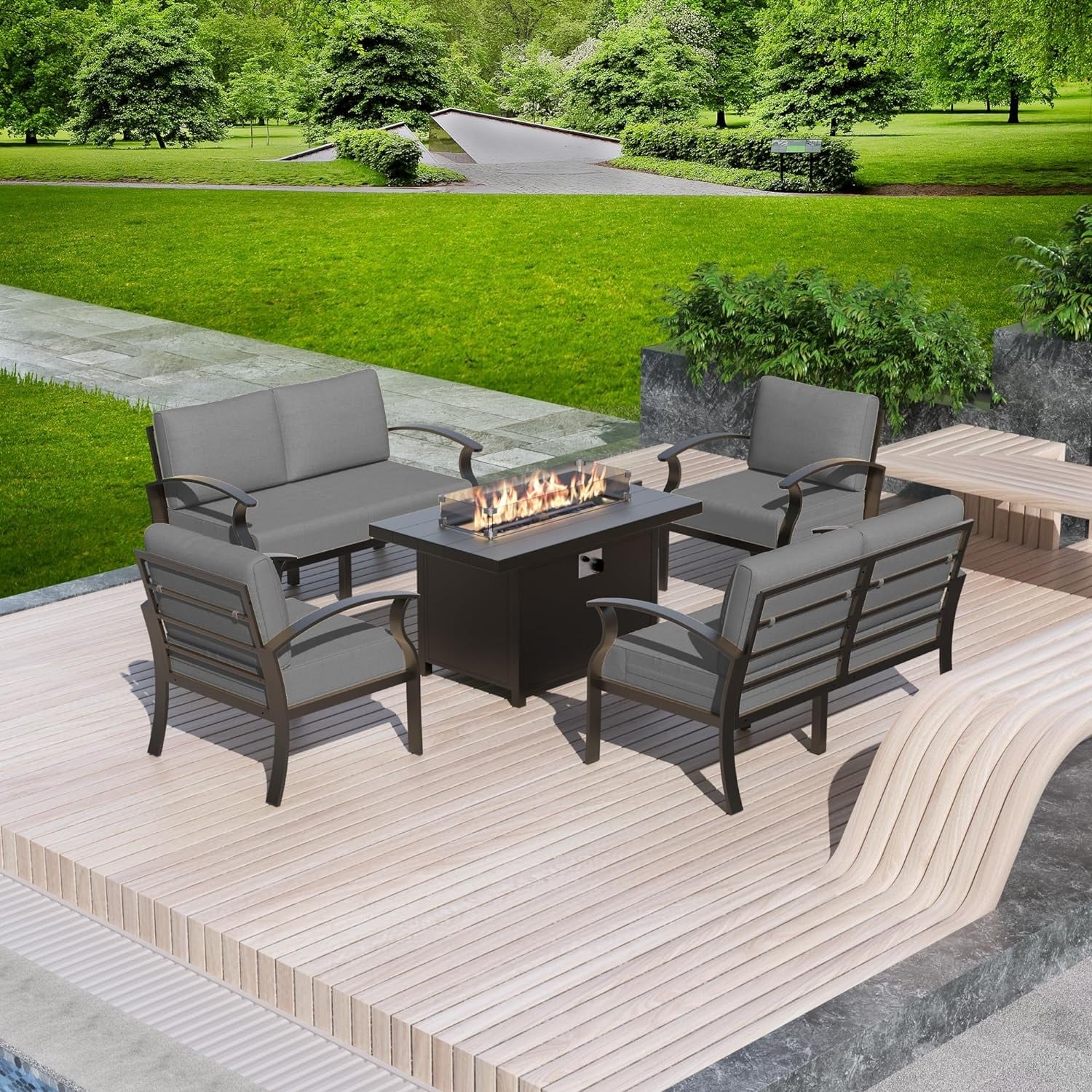 Kullavik Aluminum Outdoor Patio Furniture with Curved Armrests & Firepit Table