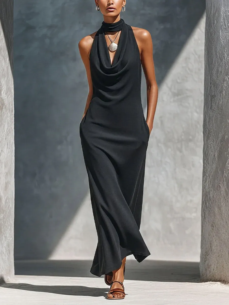 Women's Solid-color Cowl-neck Sleeveless Casual Loose-fit Cotton Dress