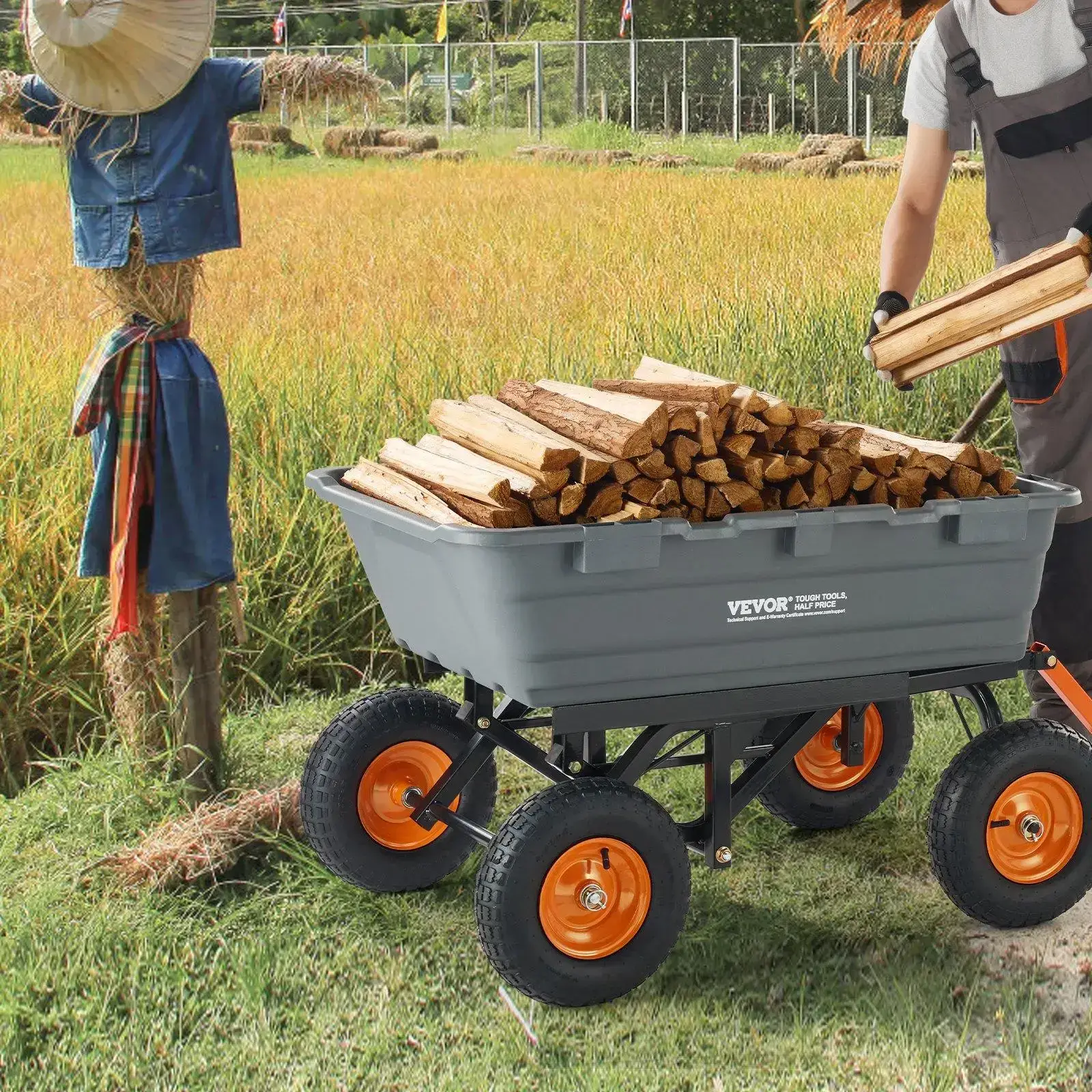 Polyethylene Garden Dump Cart – Features an easy-to-assemble steel frame, a 2-in-1 convertible handle, and 13-inch tires; 1,500 lb maximum load capacity.