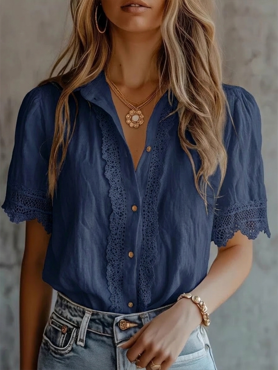 Lace Trim Button-Up Linen Blend Blouse