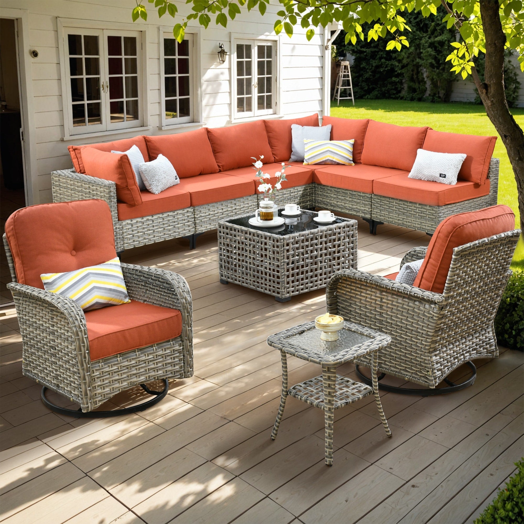 XIZZI 10-piece Patio Furniture Wicker Sectional Set with Swivel Chair