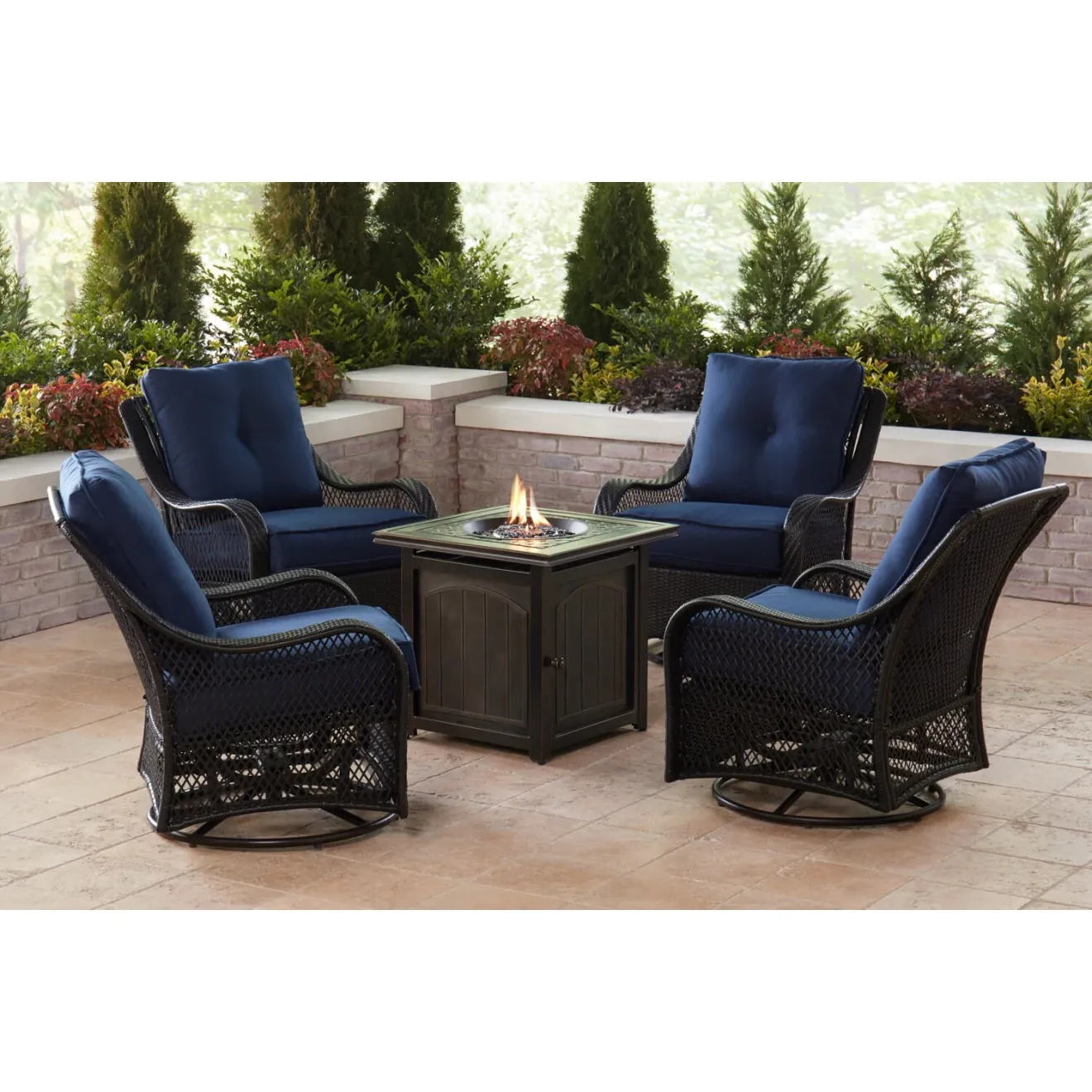 Orleans 5-Piece Fire Pit Chat Set with 4 Woven Swivel Gliders and 26 Inch Square Fire Pit Table, Autumn Berry