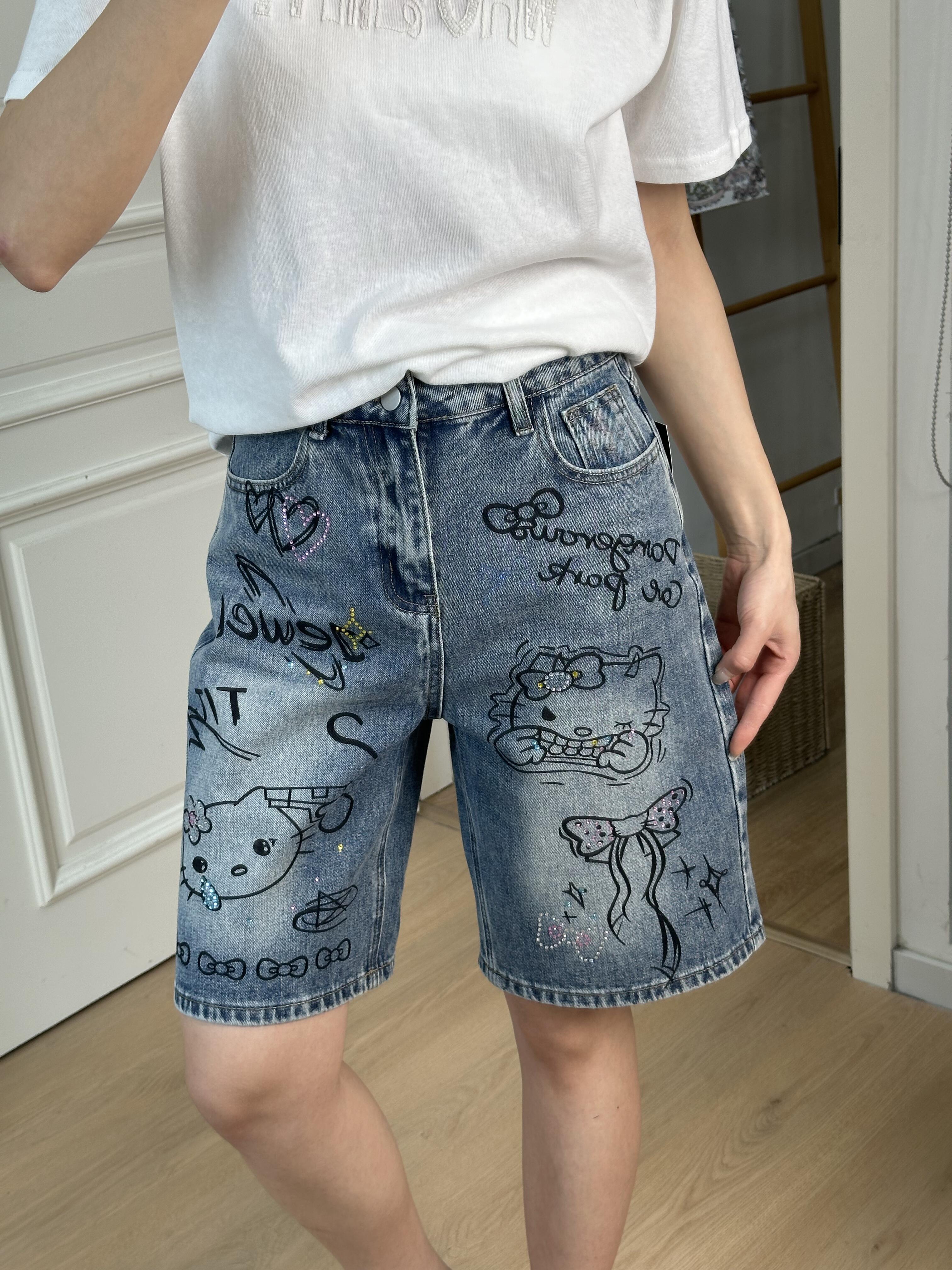 Hellokitty Denim Short Casual Jeans Pants with Pockets
