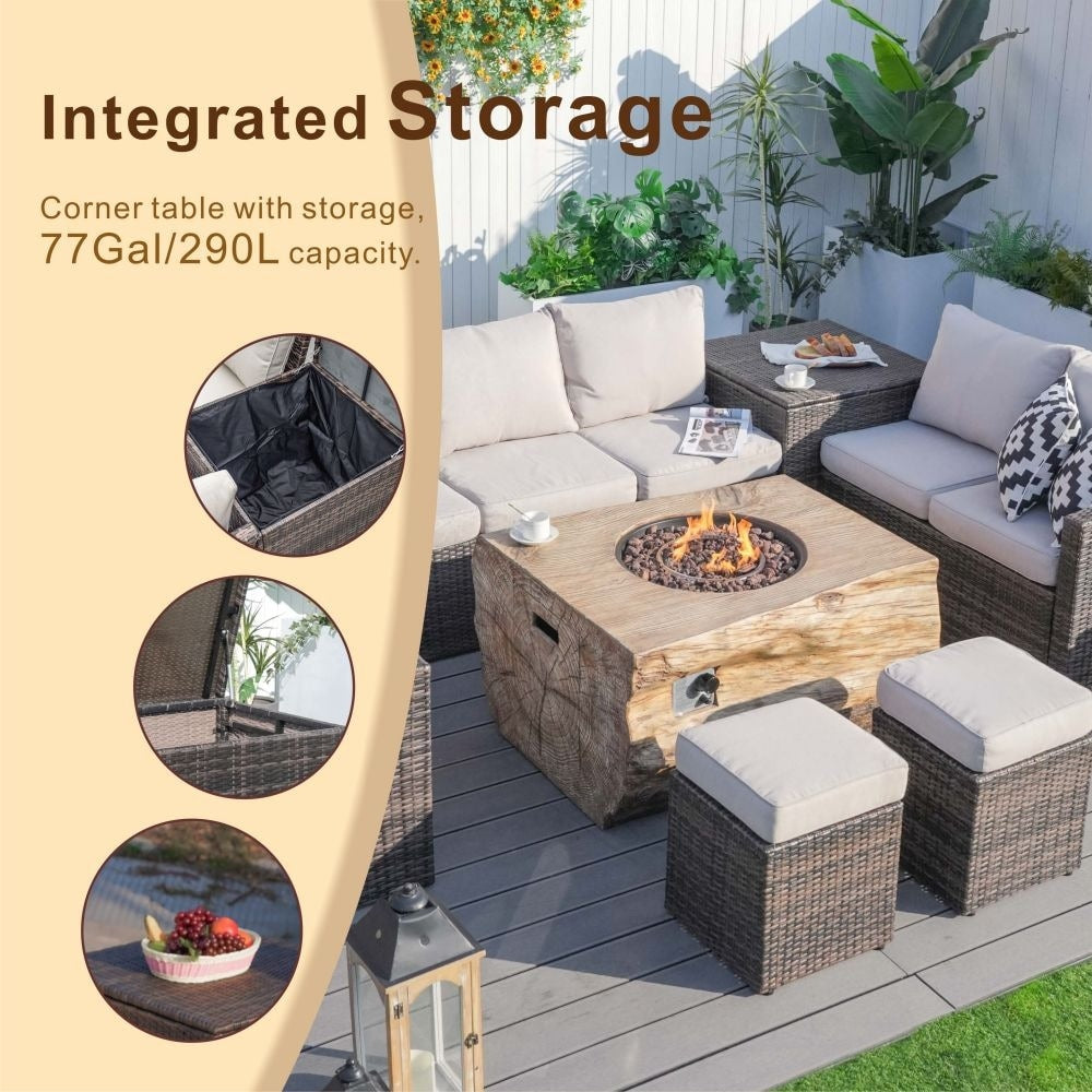 7-piece Patio Wicker Garden Chat Sofa Set with Fire Pit Table and Storage Box