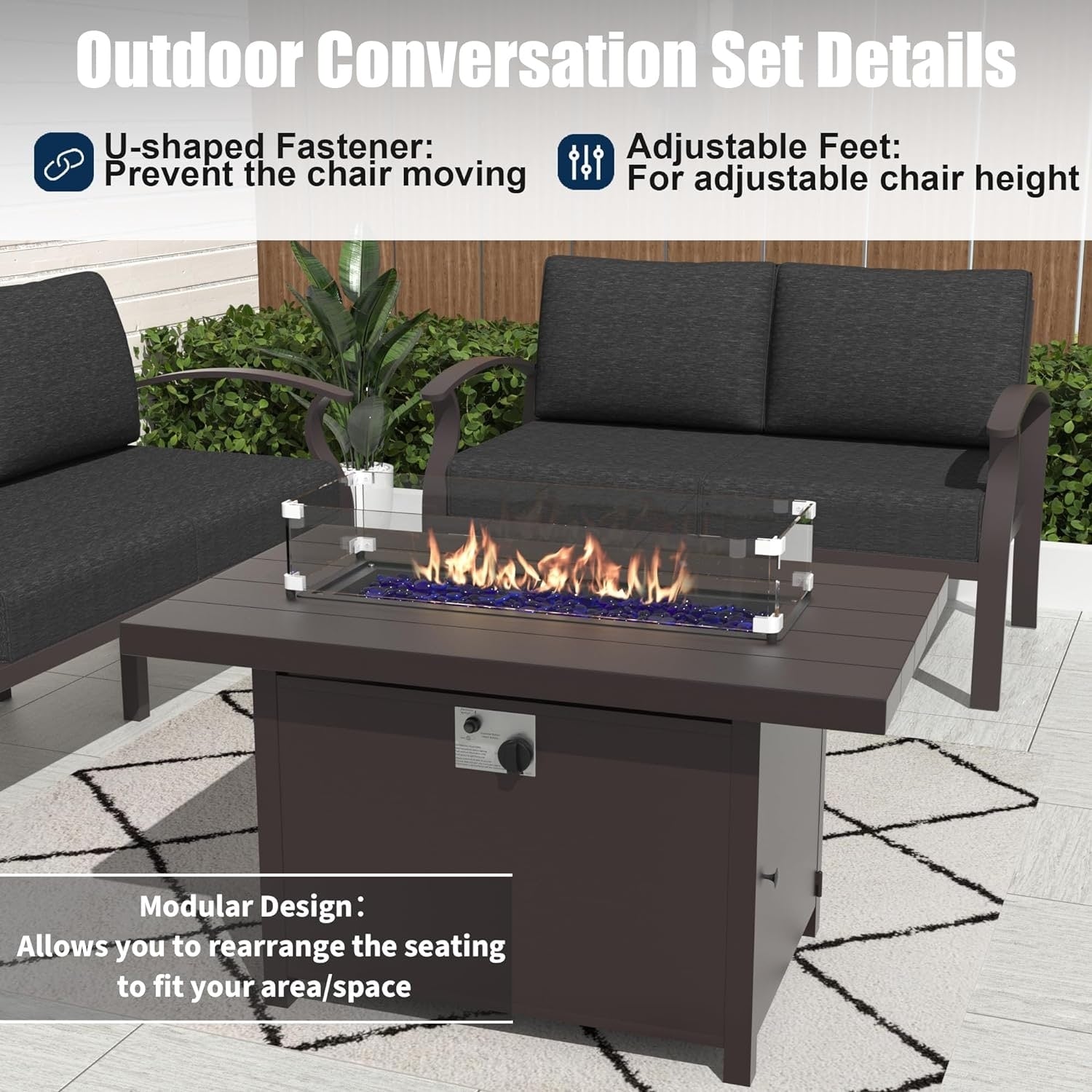 Kullavik Aluminum Outdoor Patio Furniture with Curved Armrests & Firepit Table