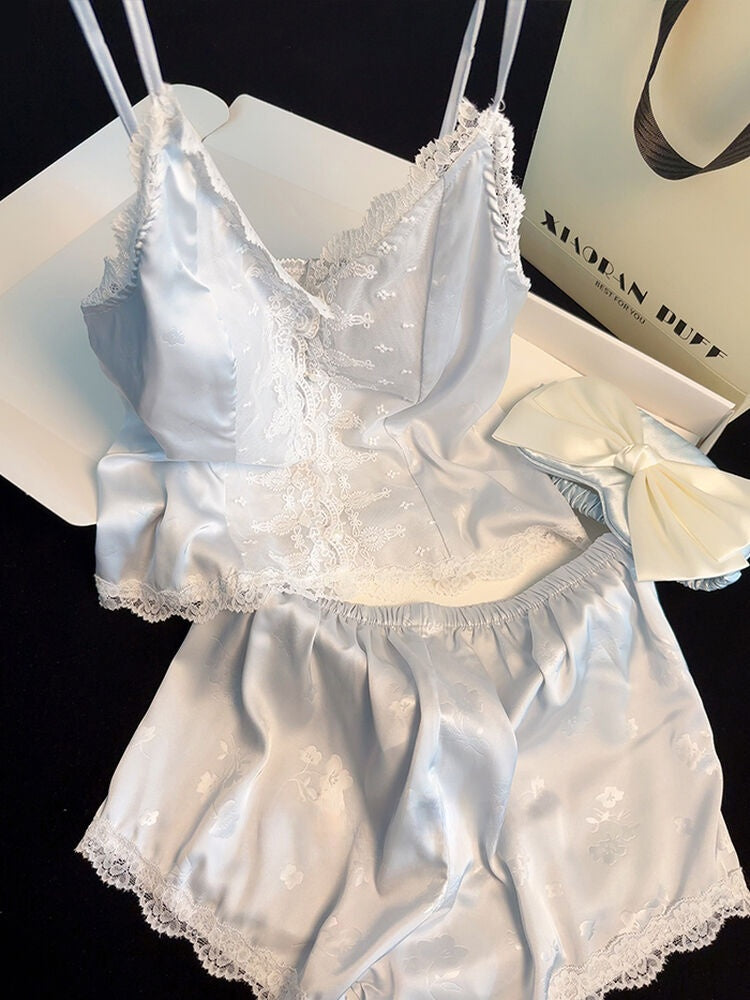 Satin Lace Pajama Set for Women 2 Piece Silky Lingerie Sleepwear Camisole Pj Shorts Set Soft Nightwear