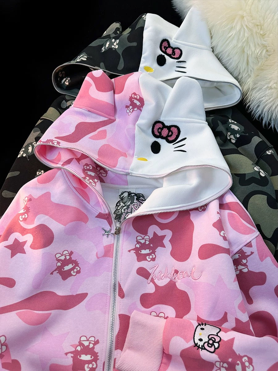 Hellokitty Camouflage Drawstring Zip Up Oversized Hoodies Jacket