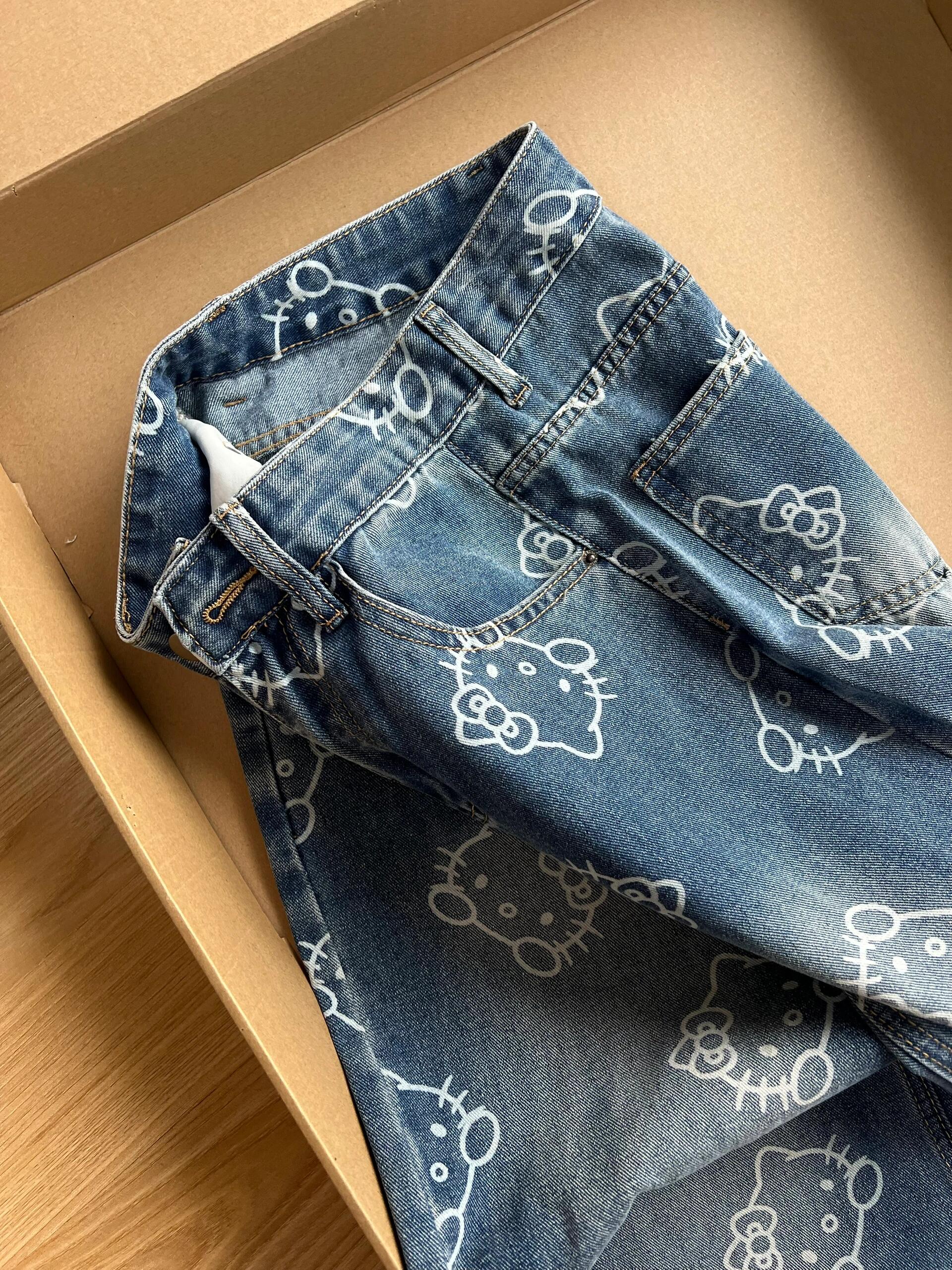 Hellokitty Embroidery Wide Leg Jeans High Waist Baggy Jeans Denim Pants