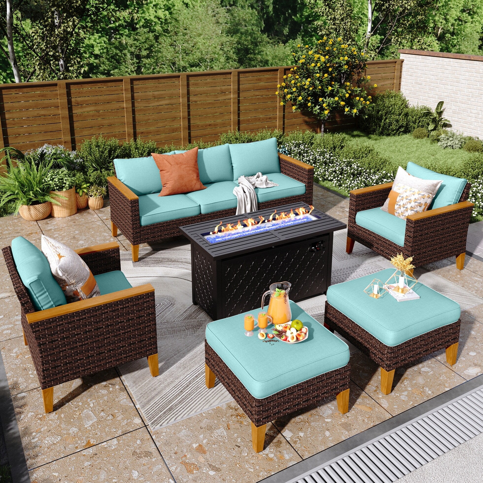 8-Piece Patio Outdoor Wicker Sectional Sofa Set, Large Seating Furniture Conversation Sets with Fire Pit Table