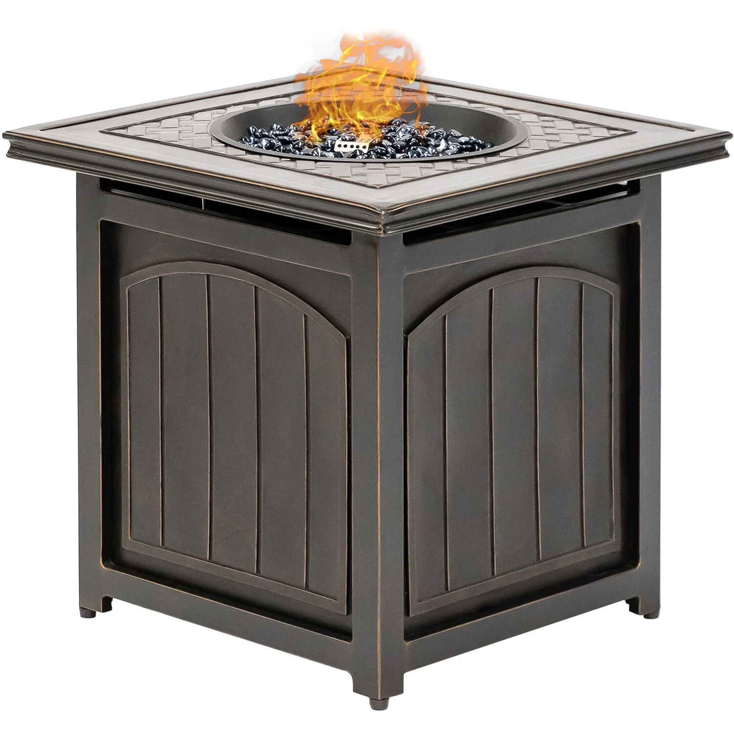 Orleans 5-Piece Fire Pit Chat Set with 4 Woven Swivel Gliders and 26 Inch Square Fire Pit Table, Autumn Berry