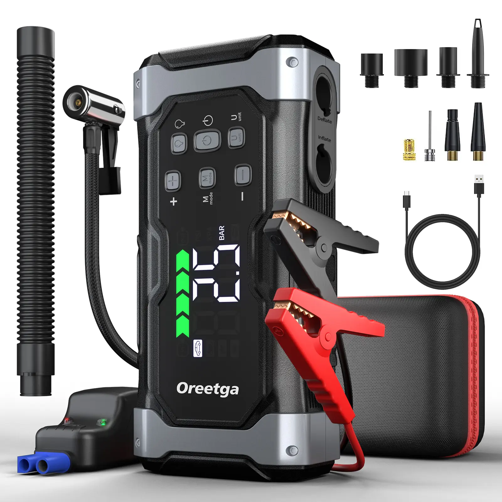 9000A 7-in-1 Portable Car Battery Jump Starter with Air Inflator and LCD Screen
