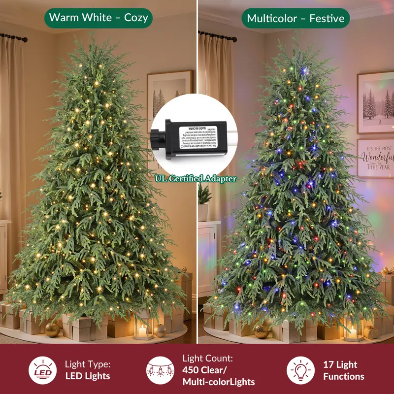 Pre-Lit Norfolk Pine Christmas Tree, 5/6/7.5/8FT Artificial Christmas Tree with Warm White & Multicolor LED Lights, Remote Control, Hinged PE & PVC Branches, Holiday Home Decor
