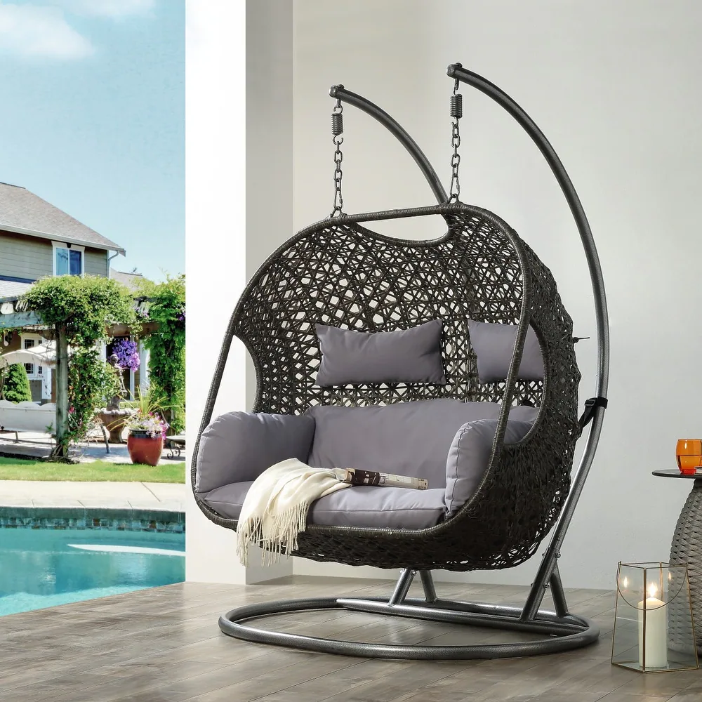Outdoor Wicker Egg Double Swing Chair Hanging Basket with Steel Stand