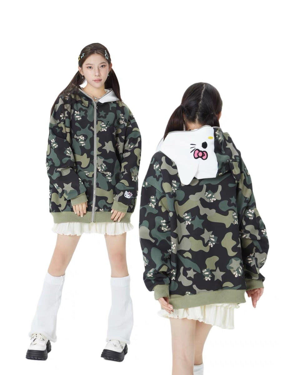Hellokitty Camouflage Drawstring Zip Up Oversized Hoodies Jacket