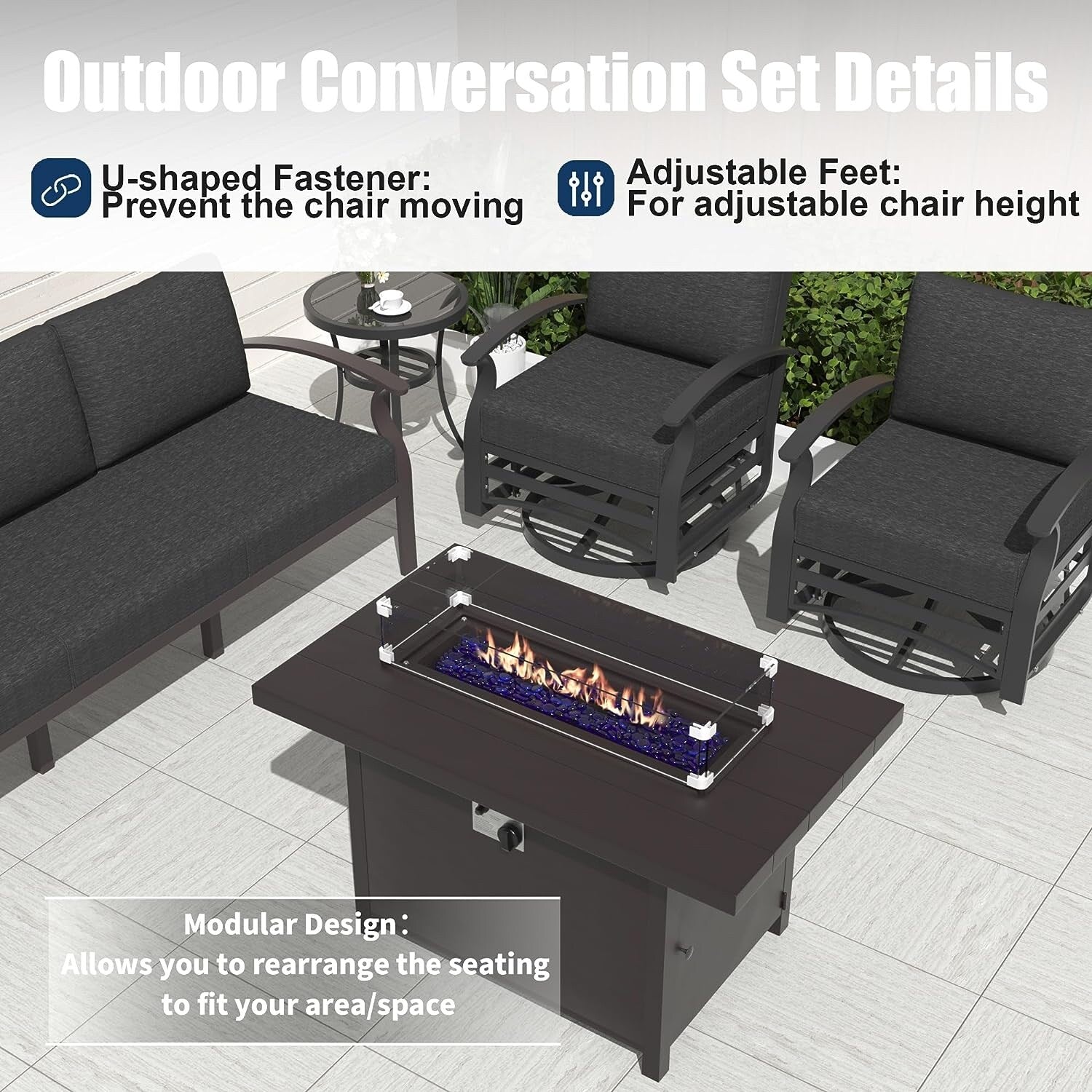 Kullavik Aluminum Outdoor Patio Furniture with Curved Armrests & Firepit Table