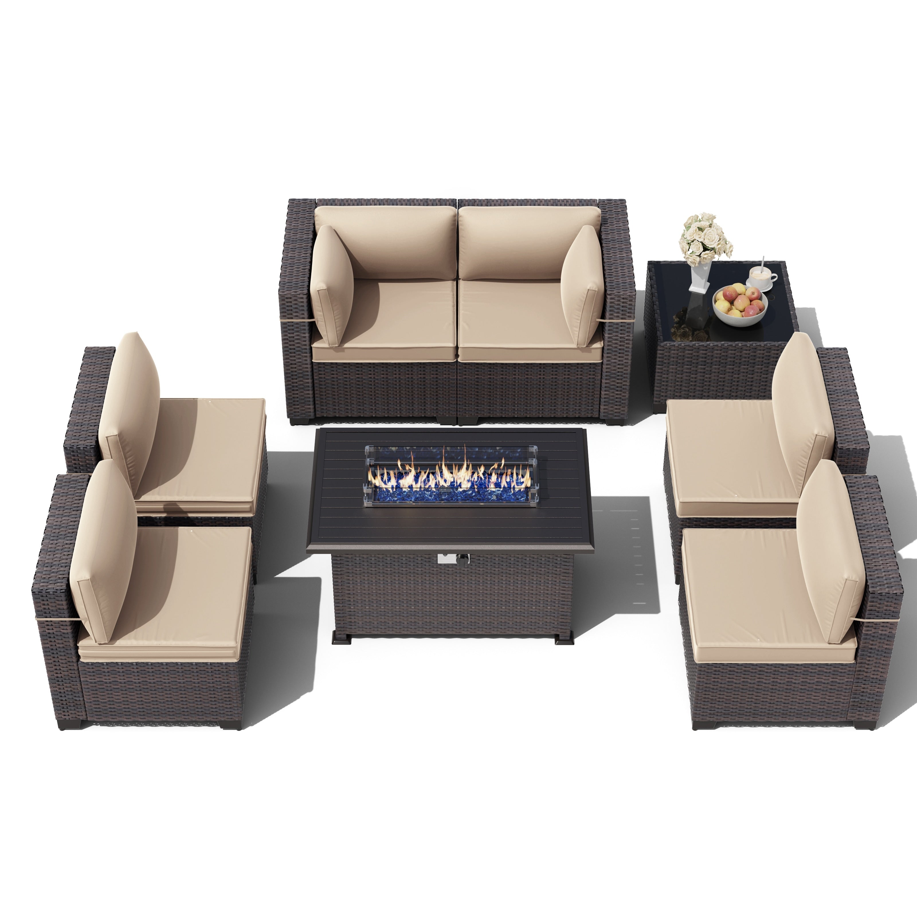 Outdoor Rattan Sectional Sofa Set, Patio Furniture Conversation Set with Fire Pit Table
