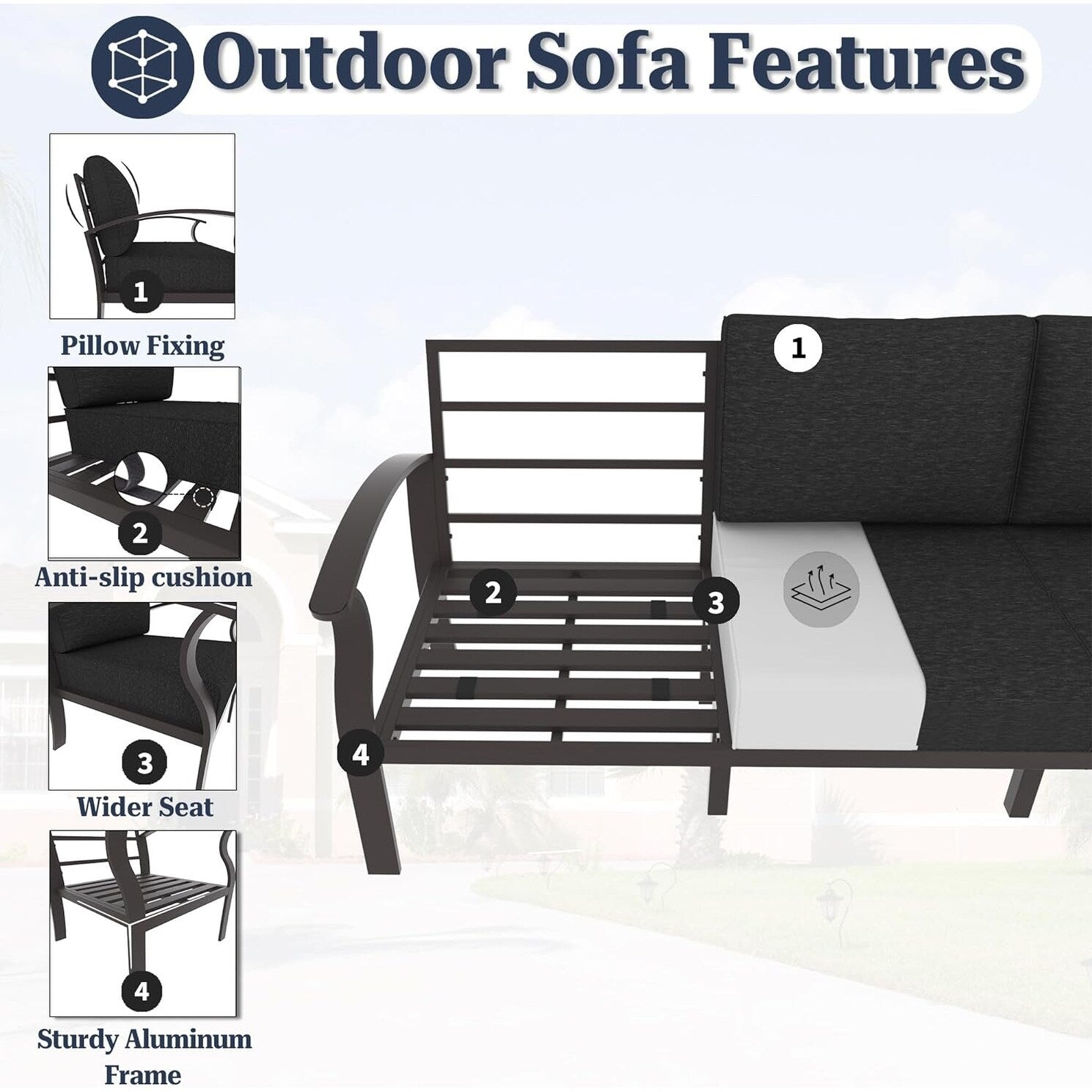 Kullavik Aluminum Outdoor Patio Furniture with Curved Armrests & Firepit Table