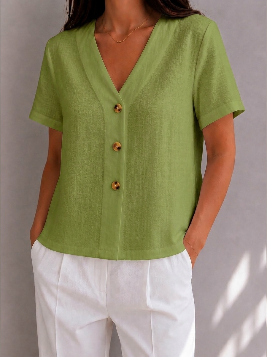 Button Detail V-Neck Linen Blend Blouse
