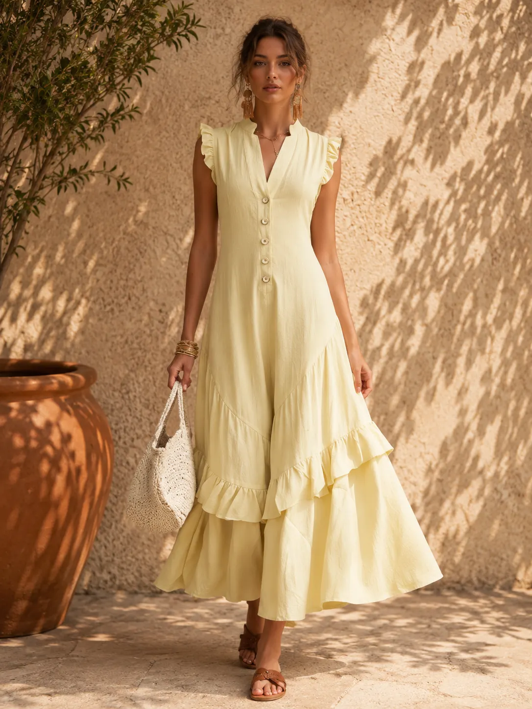 Button Detail Ruffle Hem Linen Blend Maxi Dress