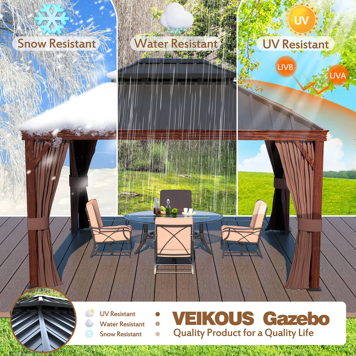 12-ft x 10-ft Wood Grain Appearance Hardtop Brown Gazebo with Hardtop Roof (Screen Included)