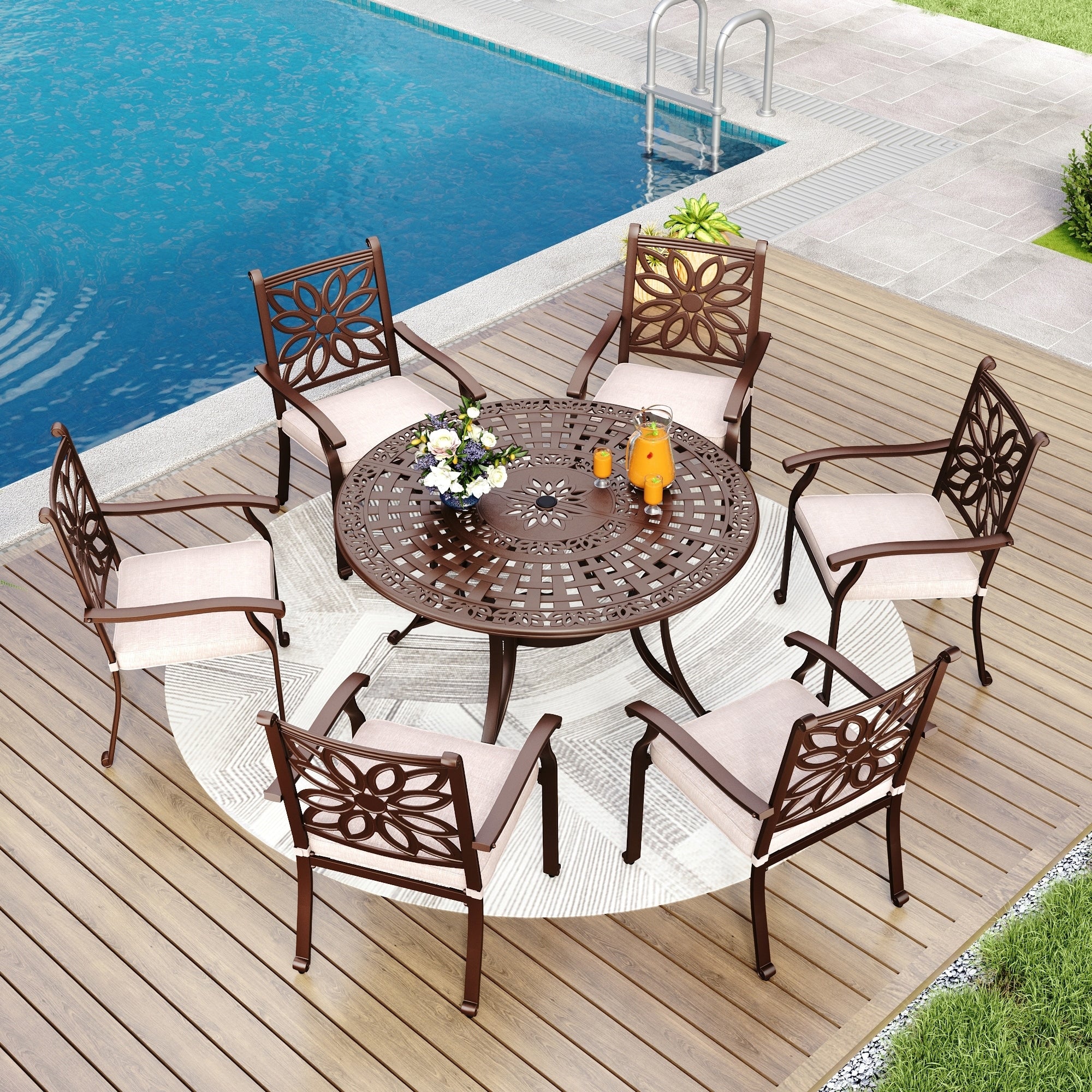 MAISON ARTS Cast Aluminum Dining Chairs/Patio Dining Set with Round Dining Table & 6 Cast Aluminum Patio Chairs