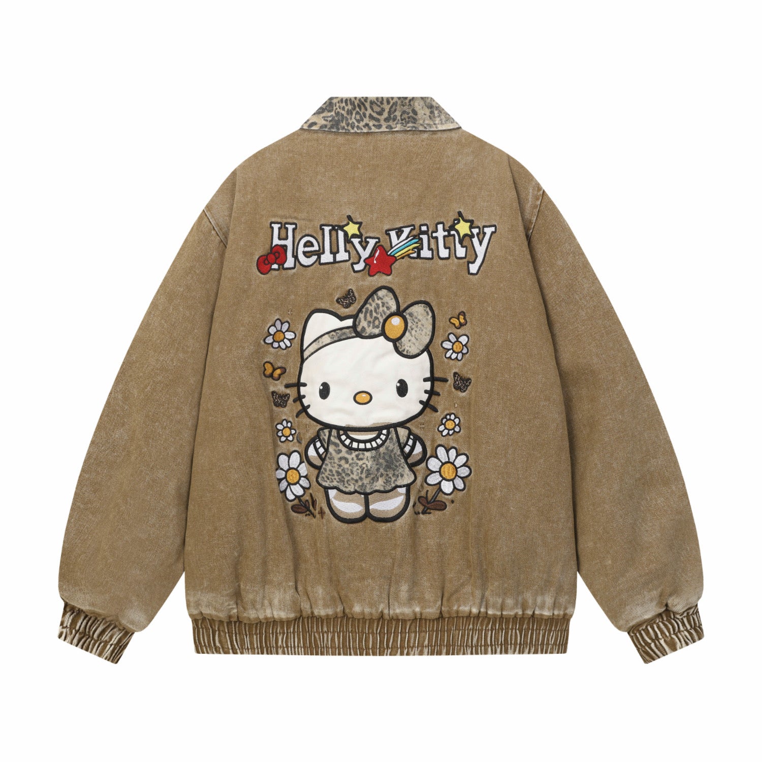 Hellokitty Brown Leopard Print Varsity Jacket Baseball Bomber Jacket Vintage Unisex Streetwear Coats