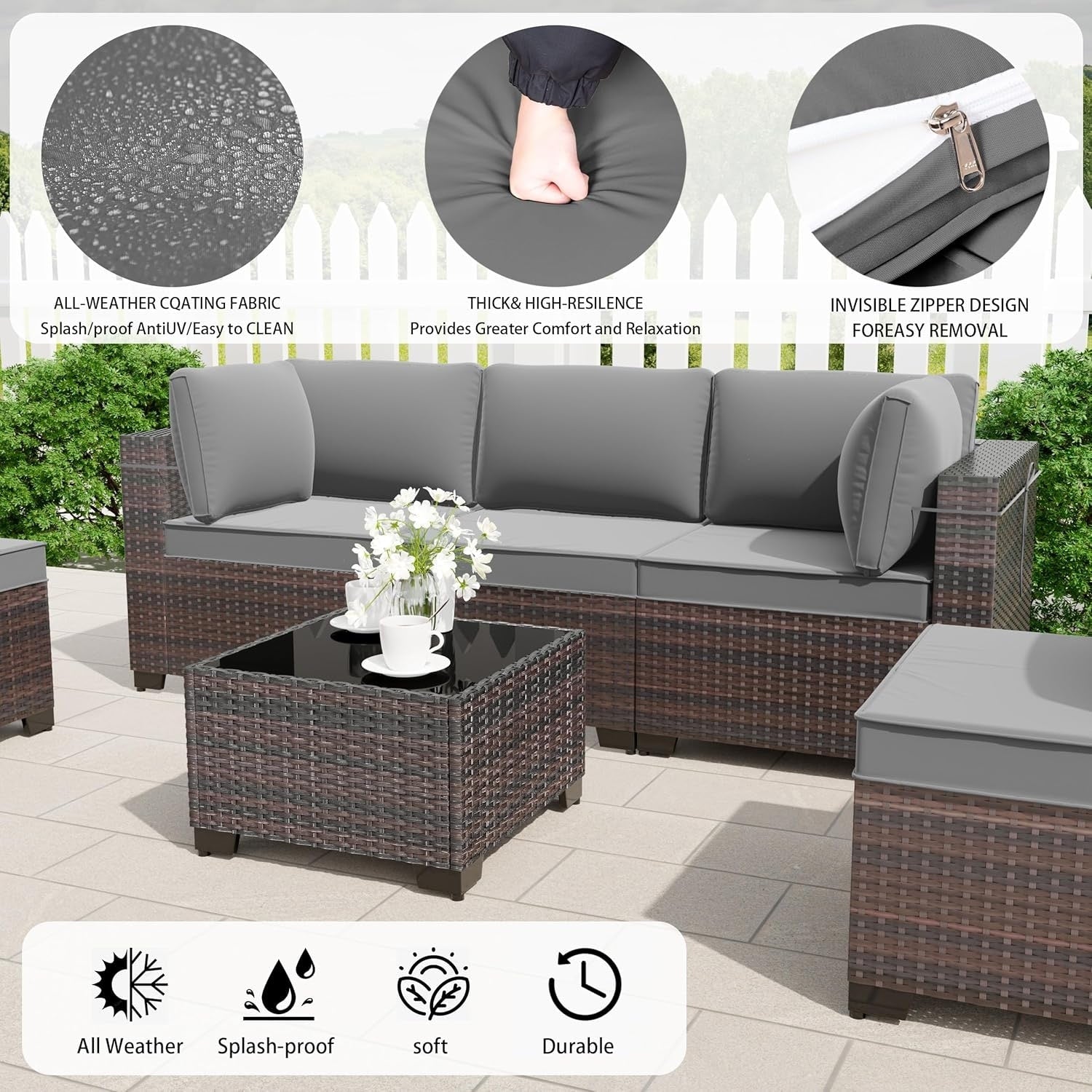 Outdoor Rattan Sectional Sofa Set, Patio Furniture Conversation Set with Fire Pit Table